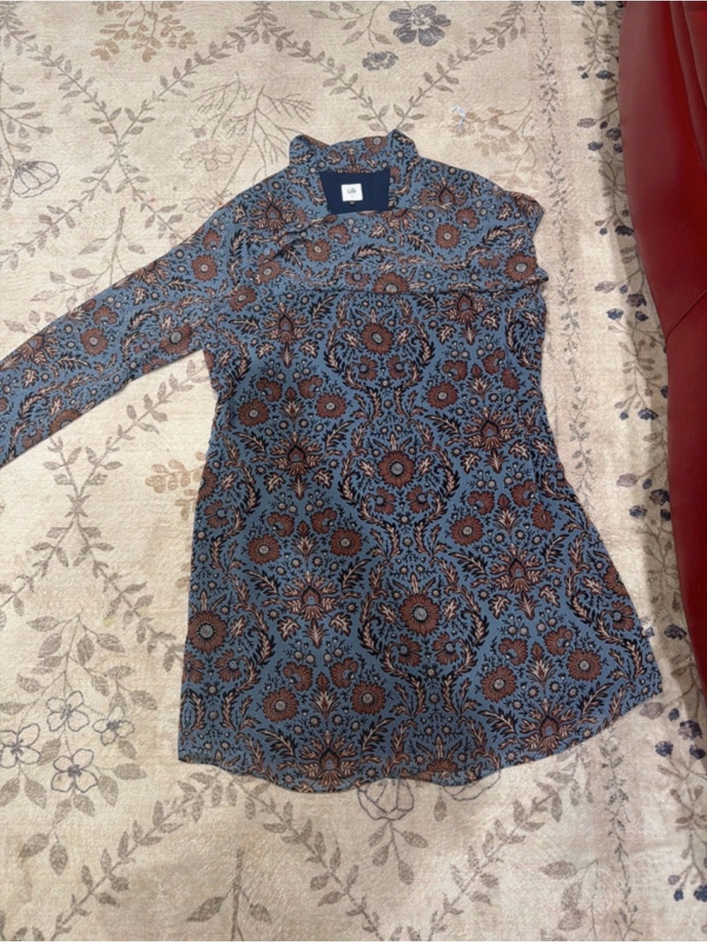 CAbi Blue and Brown Floral-Print Long Sleeve Dress